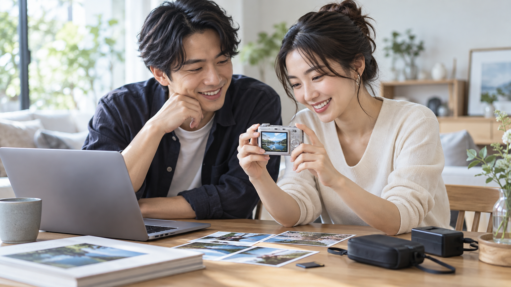 コンパクトデジタルカメラの液晶画面で撮影写真を確認する日本人男女とパソコンや写真プリント