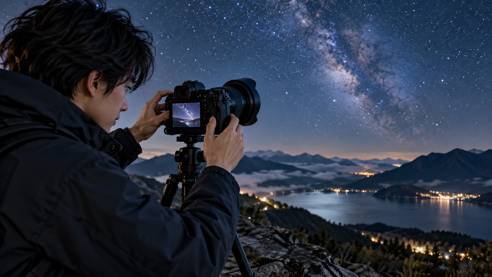 星空撮影で三脚に固定したデジタルカメラの液晶画面を確認する写真家
