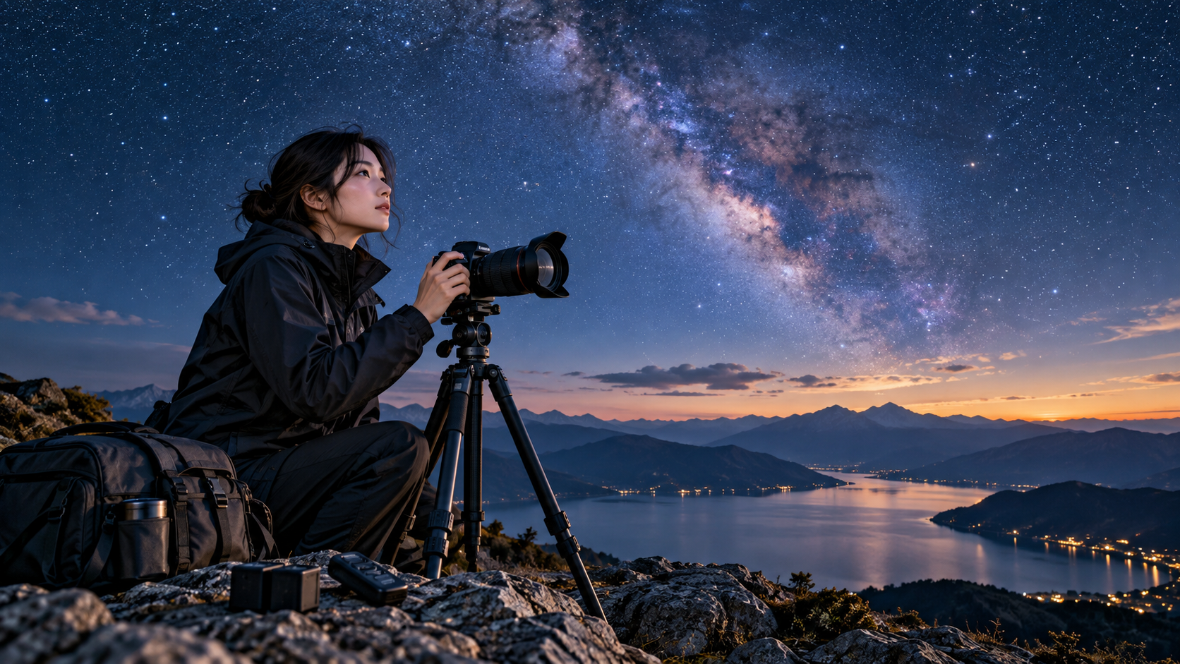 満天の星空と天の川を背景に三脚とデジタルカメラで星空撮影をする女性