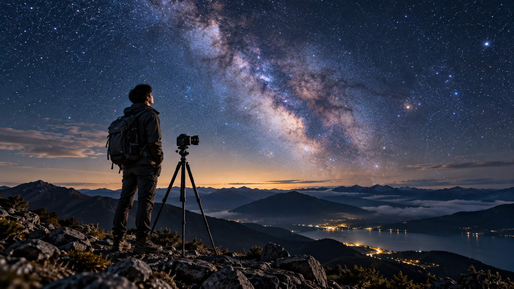 天の川が広がる星空の下、三脚にデジタルカメラを設置して撮影する写真家