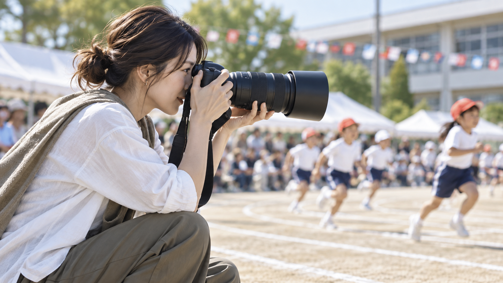 運動会で走る子どもたちをデジタルカメラの望遠ズームレンズで撮影する女性