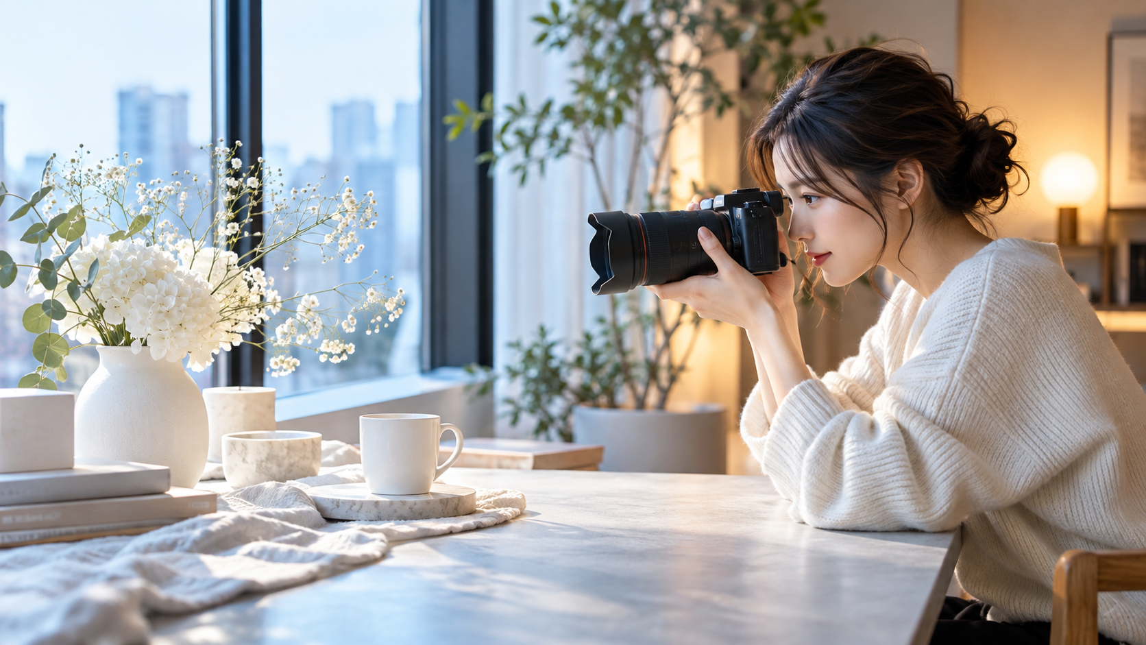 デジタルカメラで白い花や陶器を撮影する女性とホワイトバランスを確認する室内撮影風景