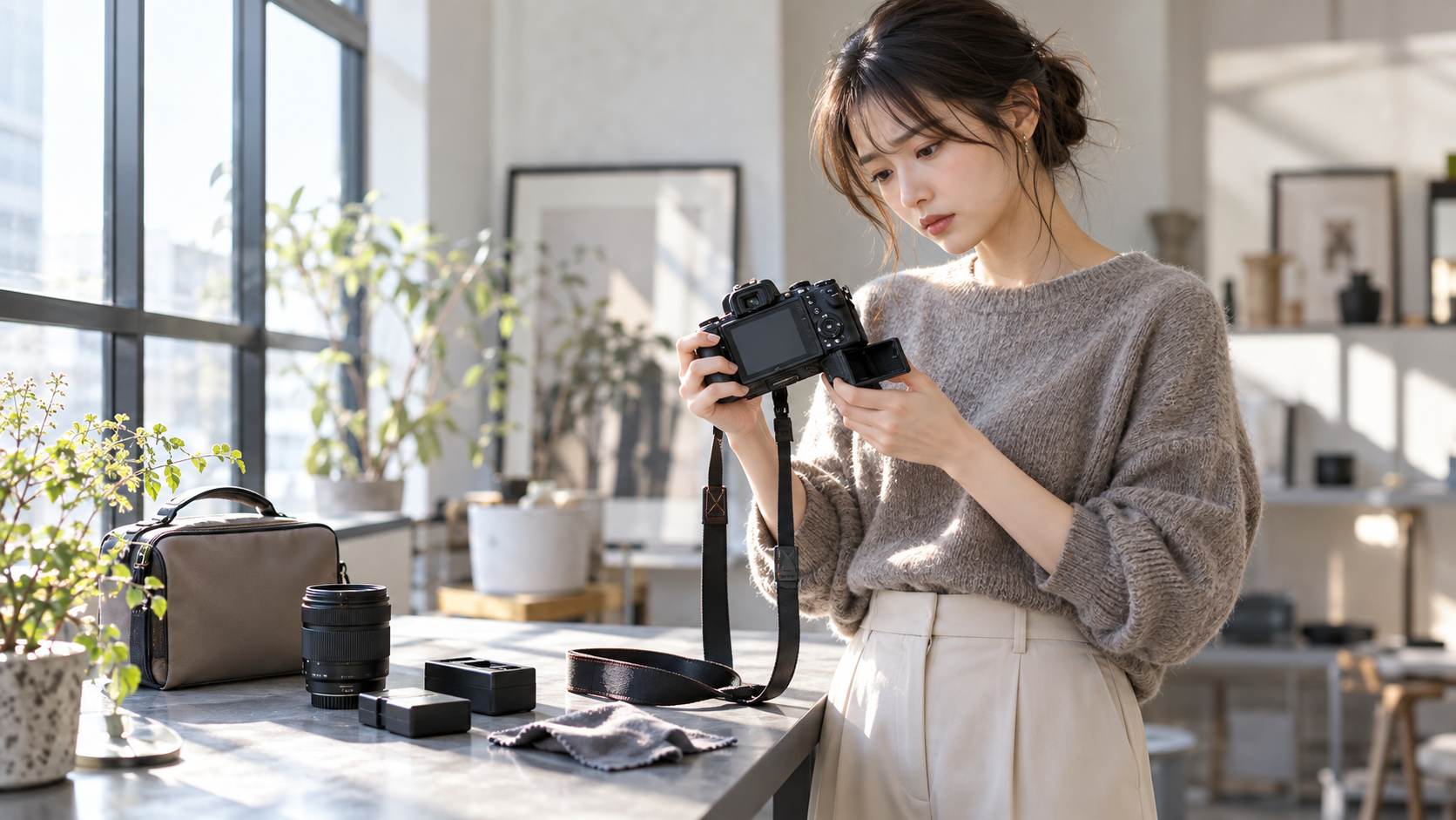 デジタルカメラの電源が入らない原因を調べるためにバッテリーと電池室を点検する女性