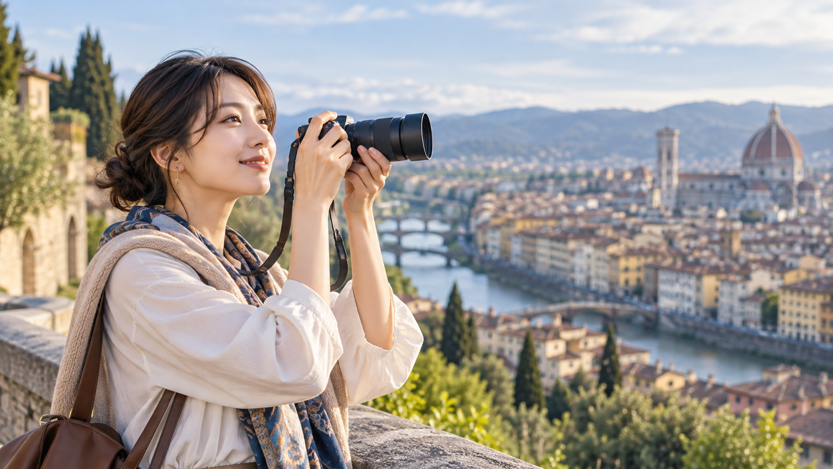 旅行先の街並みをデジタルカメラのズームレンズで撮影する女性