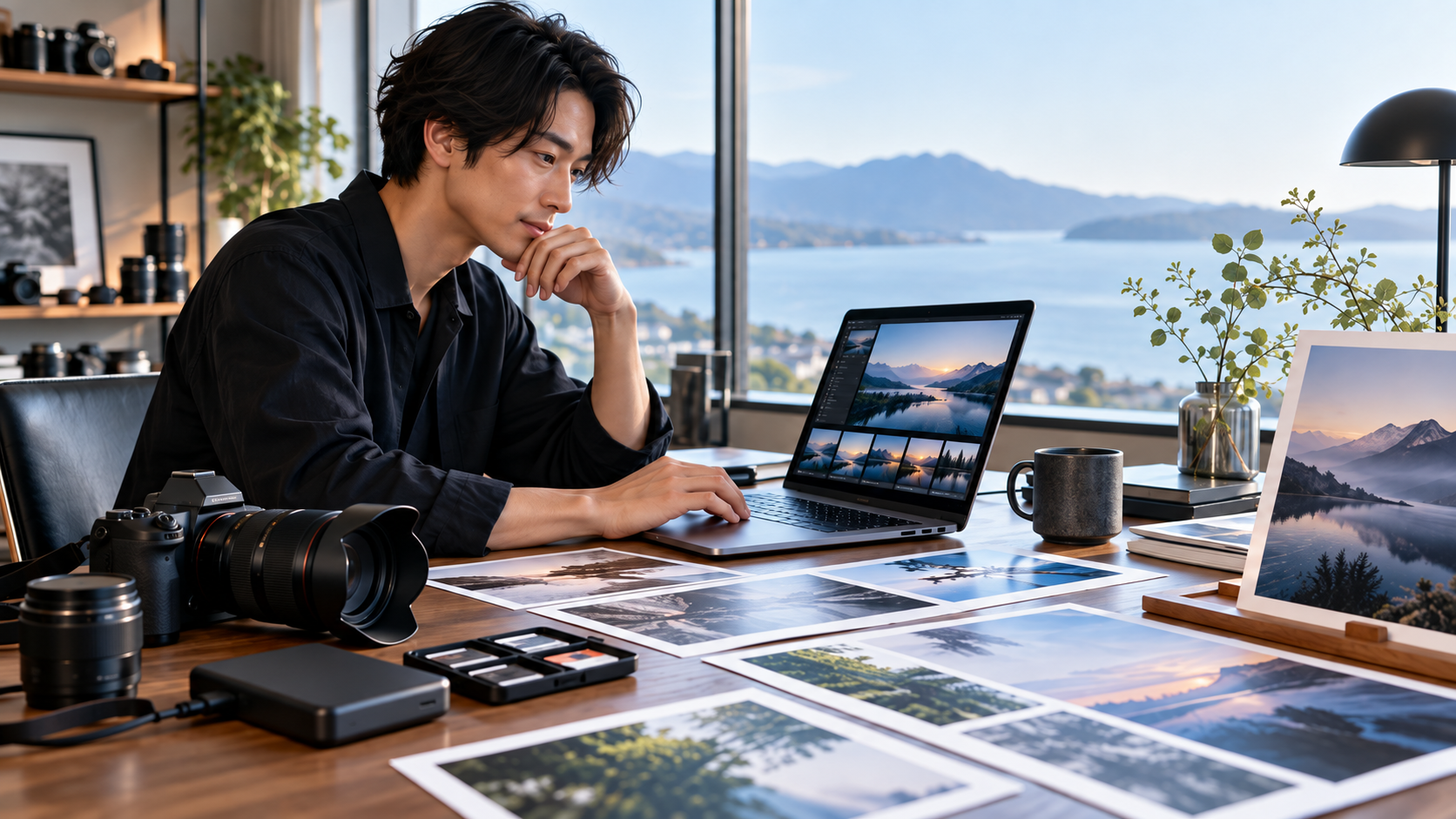 デジタルカメラで撮影した写真をパソコンで編集する日本人男性