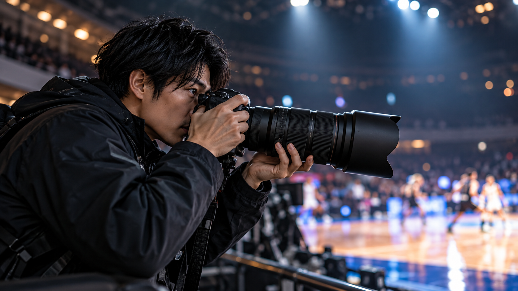 室内スポーツ会場で大口径望遠ズームレンズを使い競技を撮影する男性カメラマン