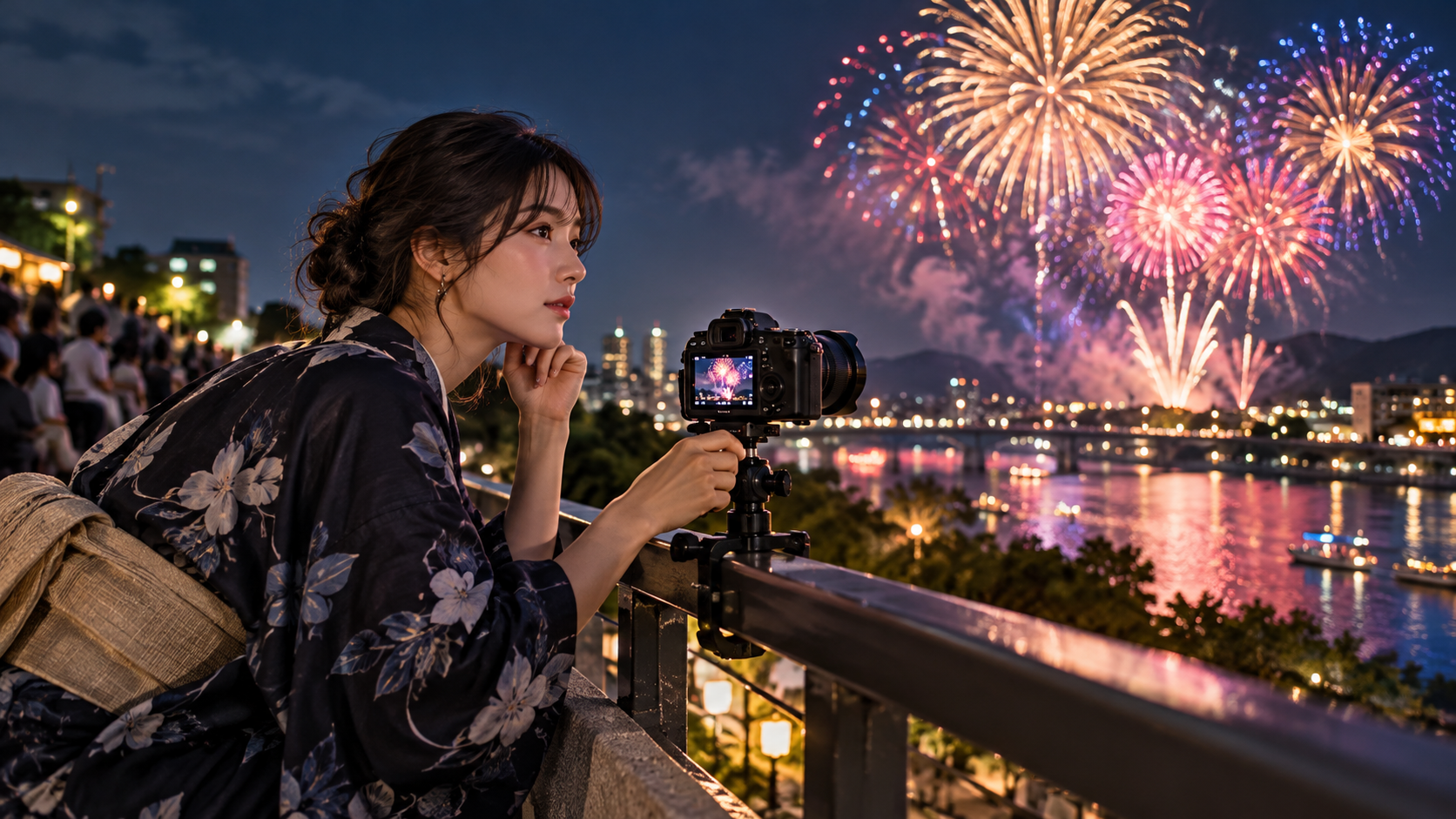 夜空に広がる花火を手すりに設置した小型カメラ支持具とデジタルカメラで撮影する浴衣姿の女性