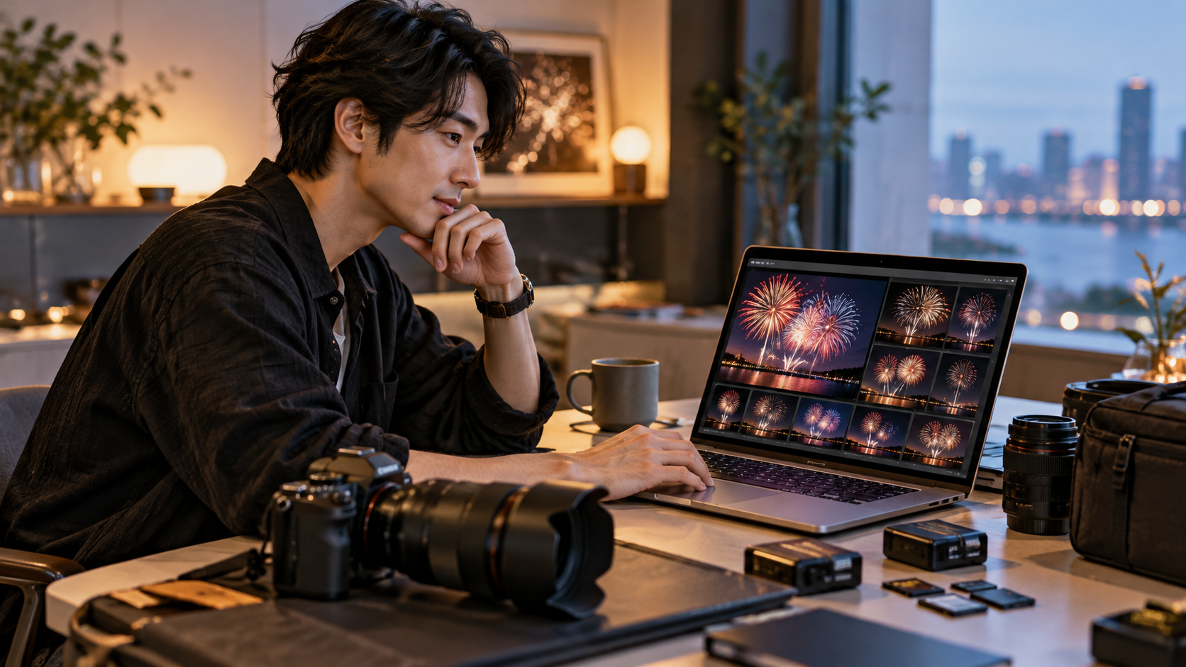 デジタルカメラで撮影した複数の花火写真をノートパソコンに表示し、仕上がりを確認する男性