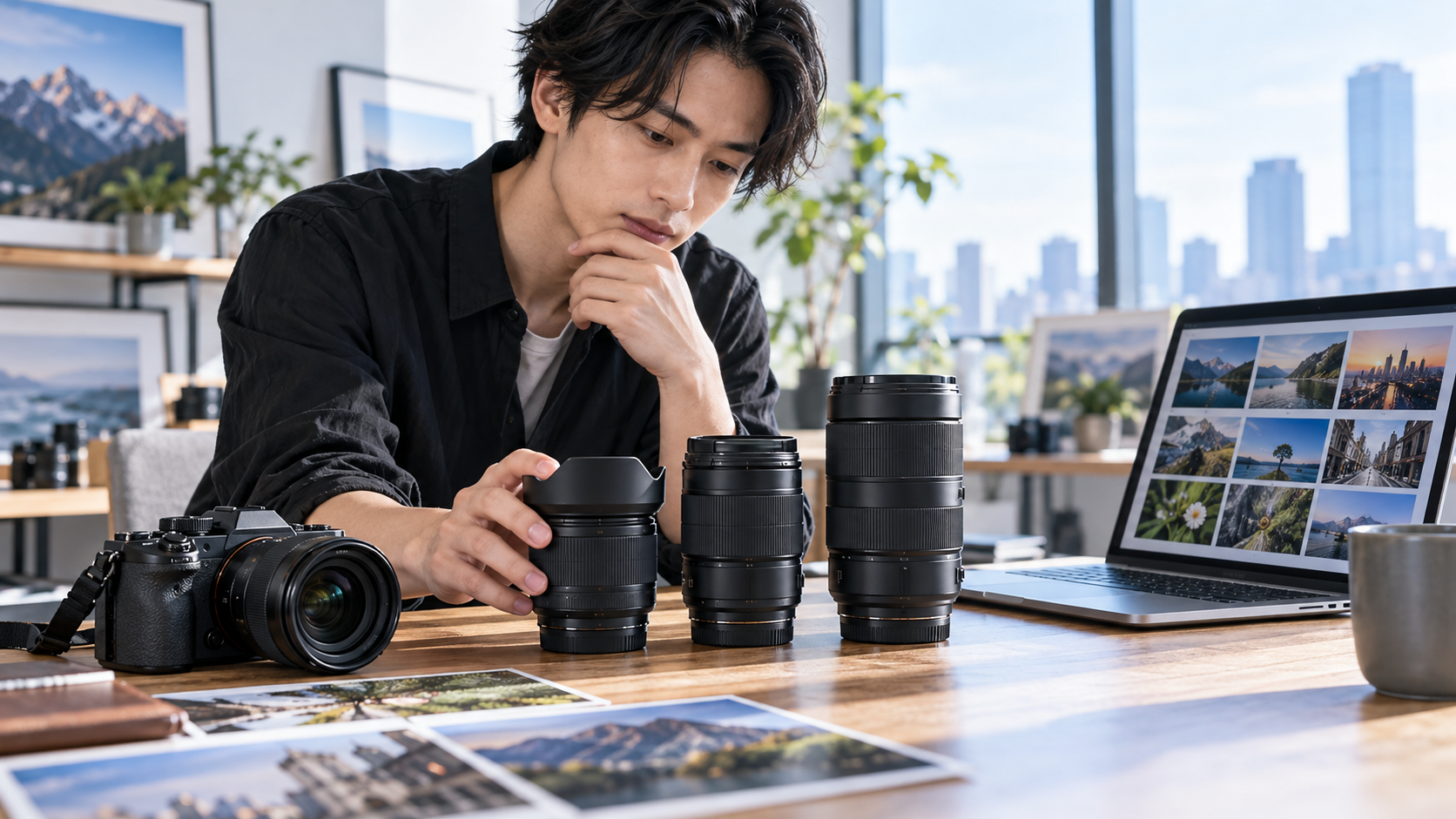 撮影写真を確認しながら広角・標準・望遠ズームレンズを比較して選ぶ男性フォトグラファー