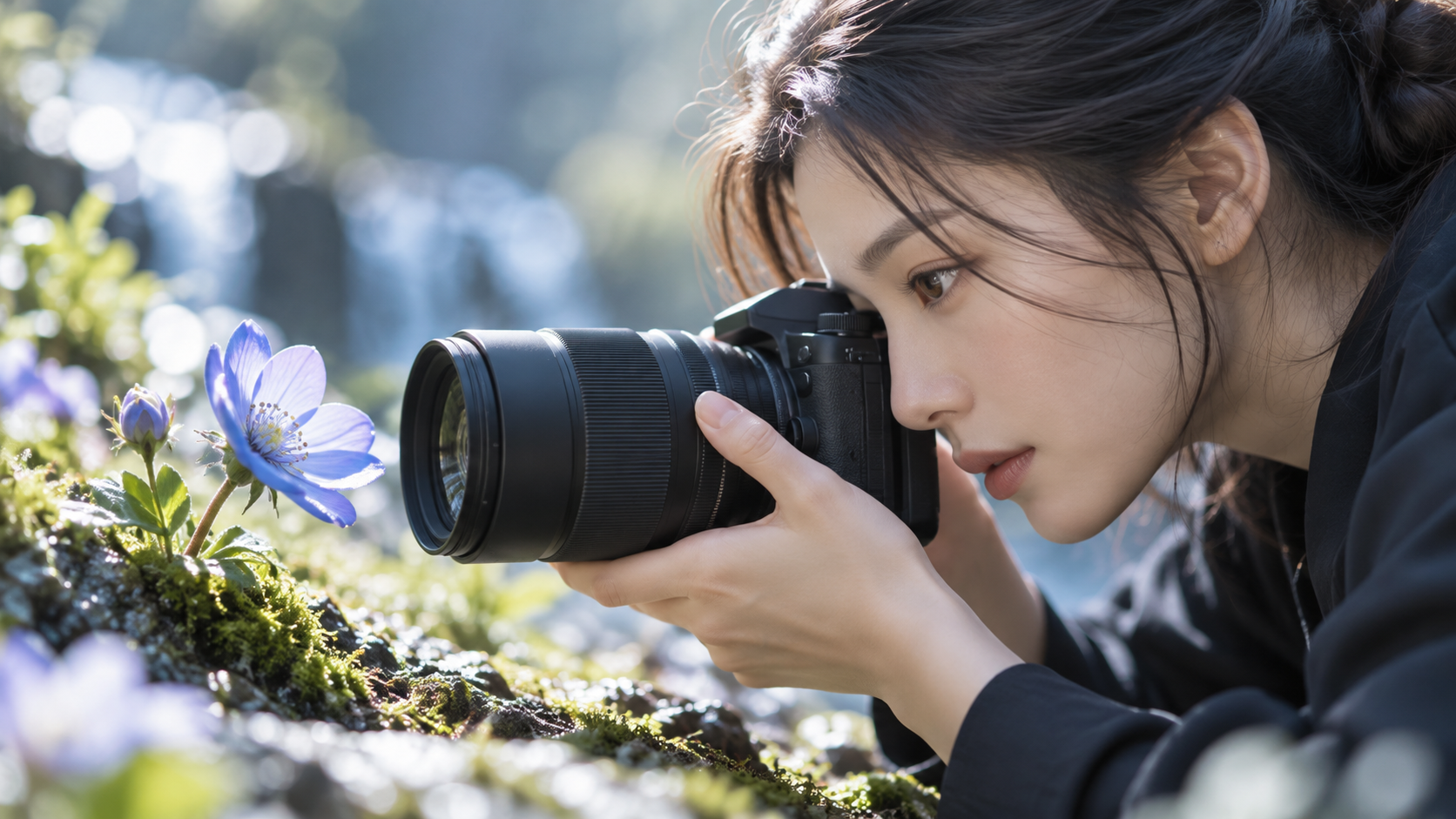 紫色の小さな花にカメラのレンズを近づけ、接写する日本人女性。マクロ撮影における撮影距離と撮影倍率をイメージした写真。