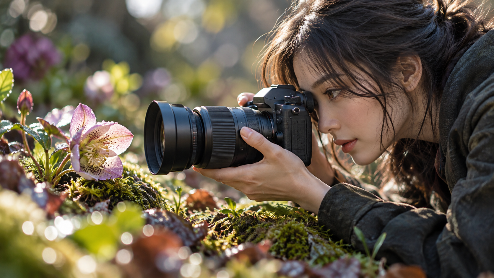 マクロレンズを装着したカメラで花を接写する女性。背景をぼかした自然光での撮影風景