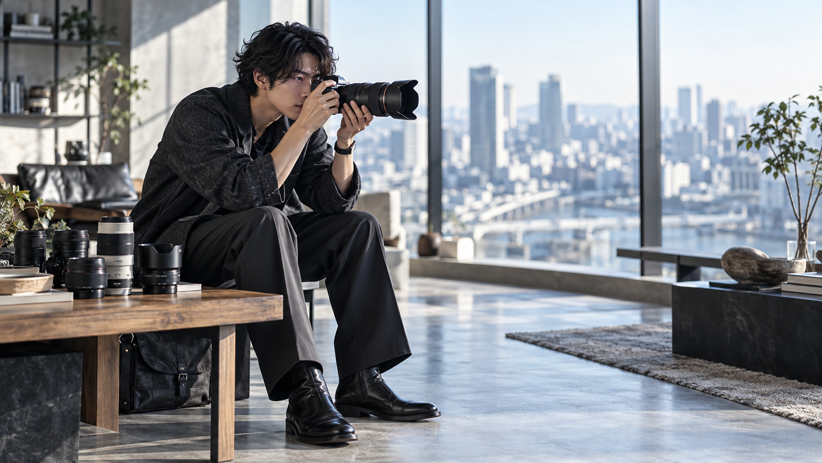 ミラーレスカメラのファインダーをのぞいて撮影する日本人男性と、テーブルに並べられた交換レンズ