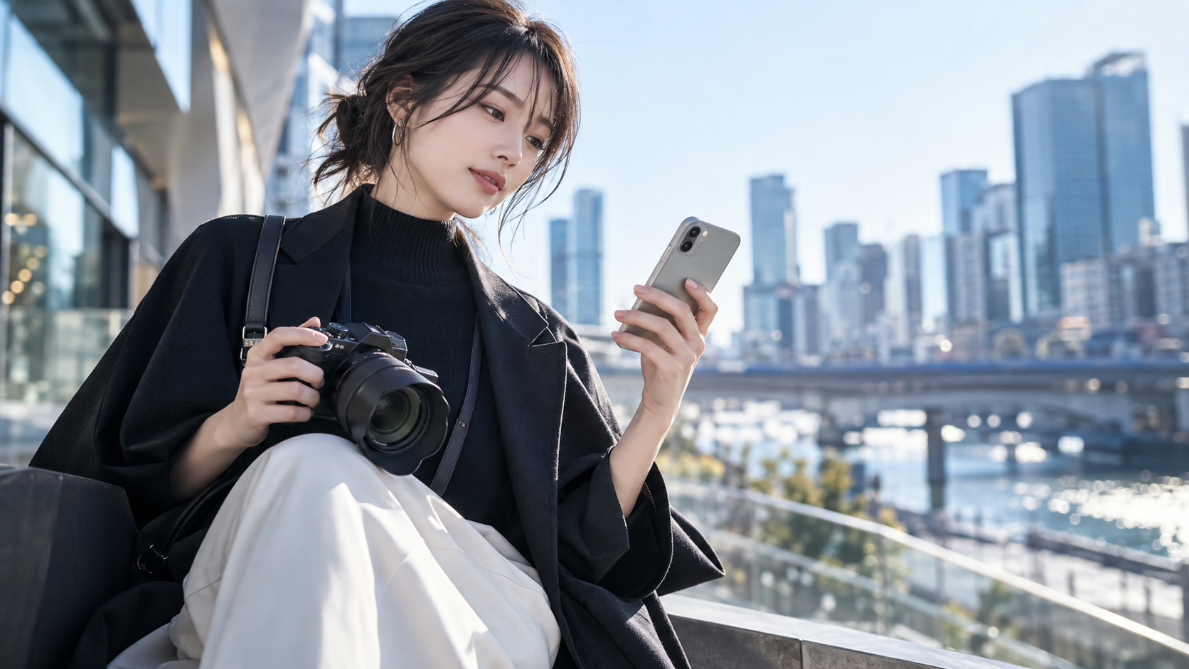 ミラーレスカメラを持ちながらスマートフォンを確認する日本人女性と都市の風景