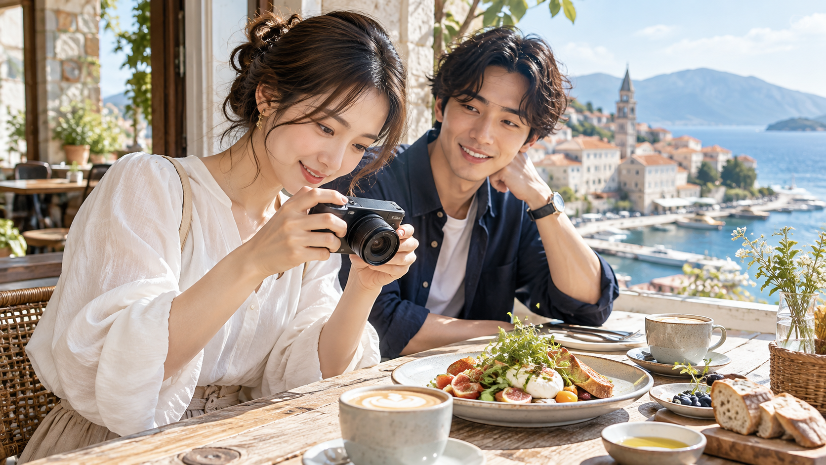 海辺のカフェで小型ミラーレスカメラを使って料理を撮影する日本人女性と隣で見守る男性