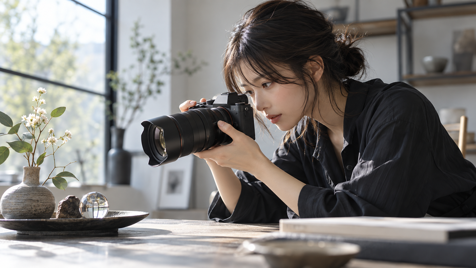 デジタルカメラで被写体に正確にピントを合わせる日本人女性