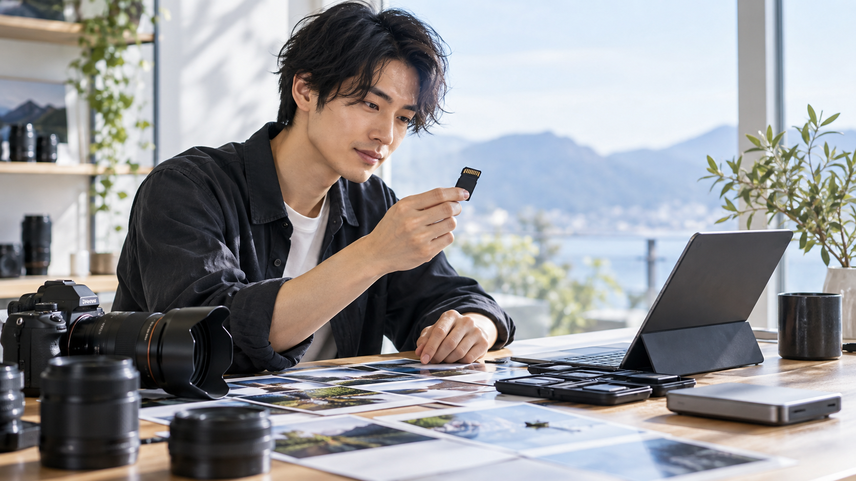 SDカードを確認してデジタルカメラの撮影可能枚数を調べる様子