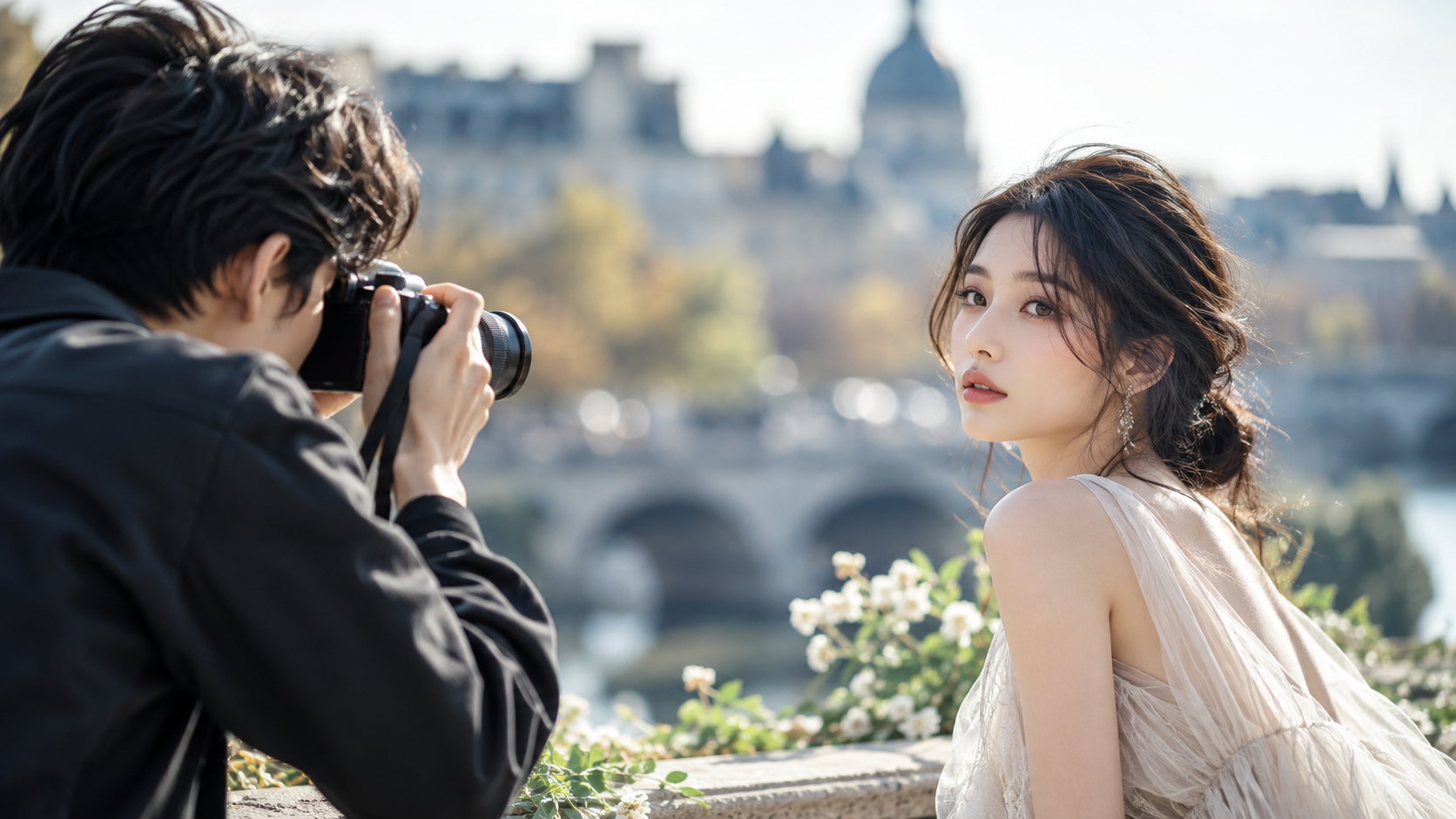 カメラで女性モデルを撮影する男性フォトグラファーと、背景が大きくぼけたポートレート撮影風景