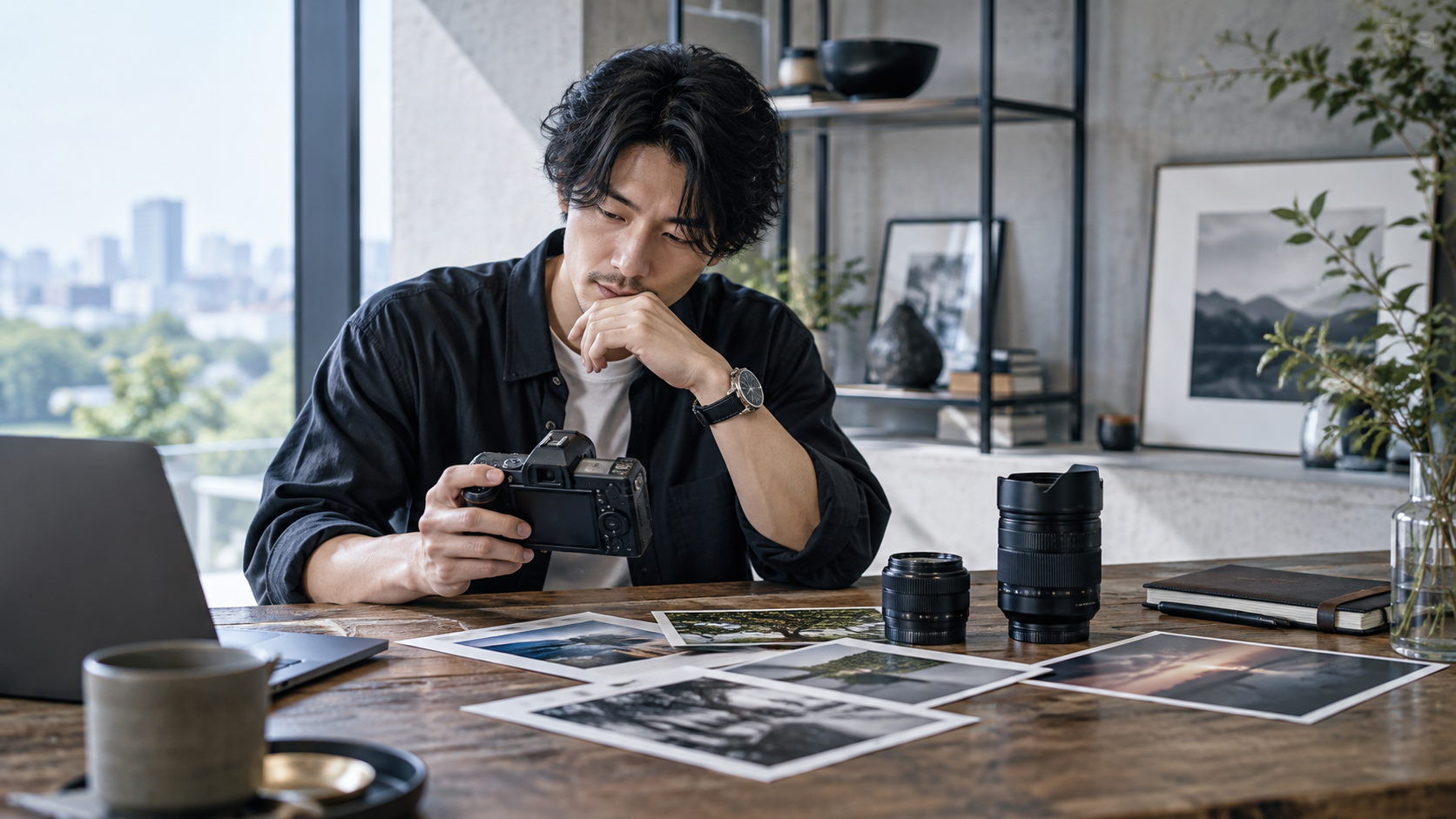 単焦点レンズとズームレンズを机に並べ、撮影した写真とカメラを確認する日本人男性