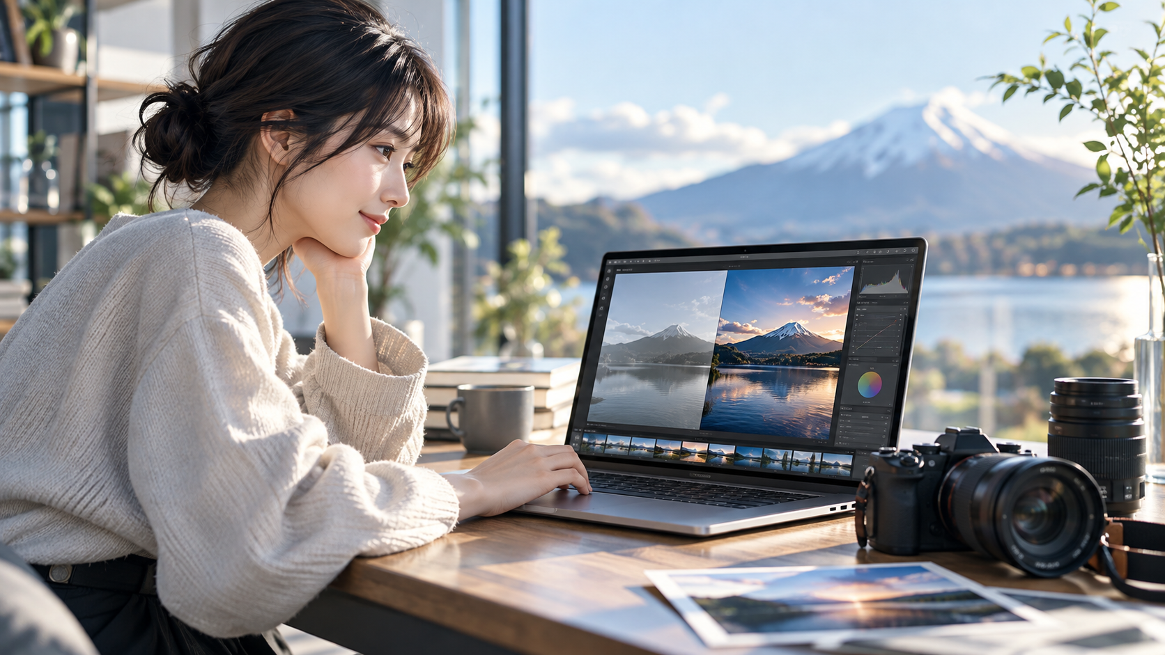 RAW現像で風景写真を調整しJPEGとの違いを比較するイメージ