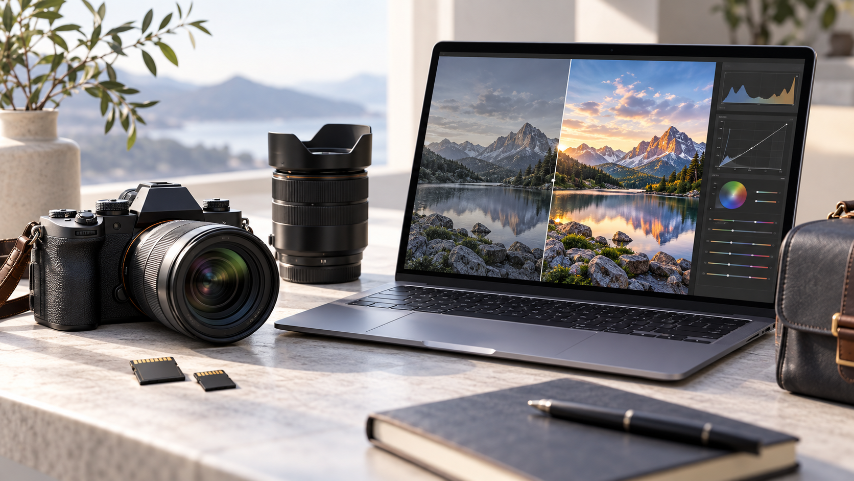 RAW現像による風景写真の調整前後をパソコン画面で比較