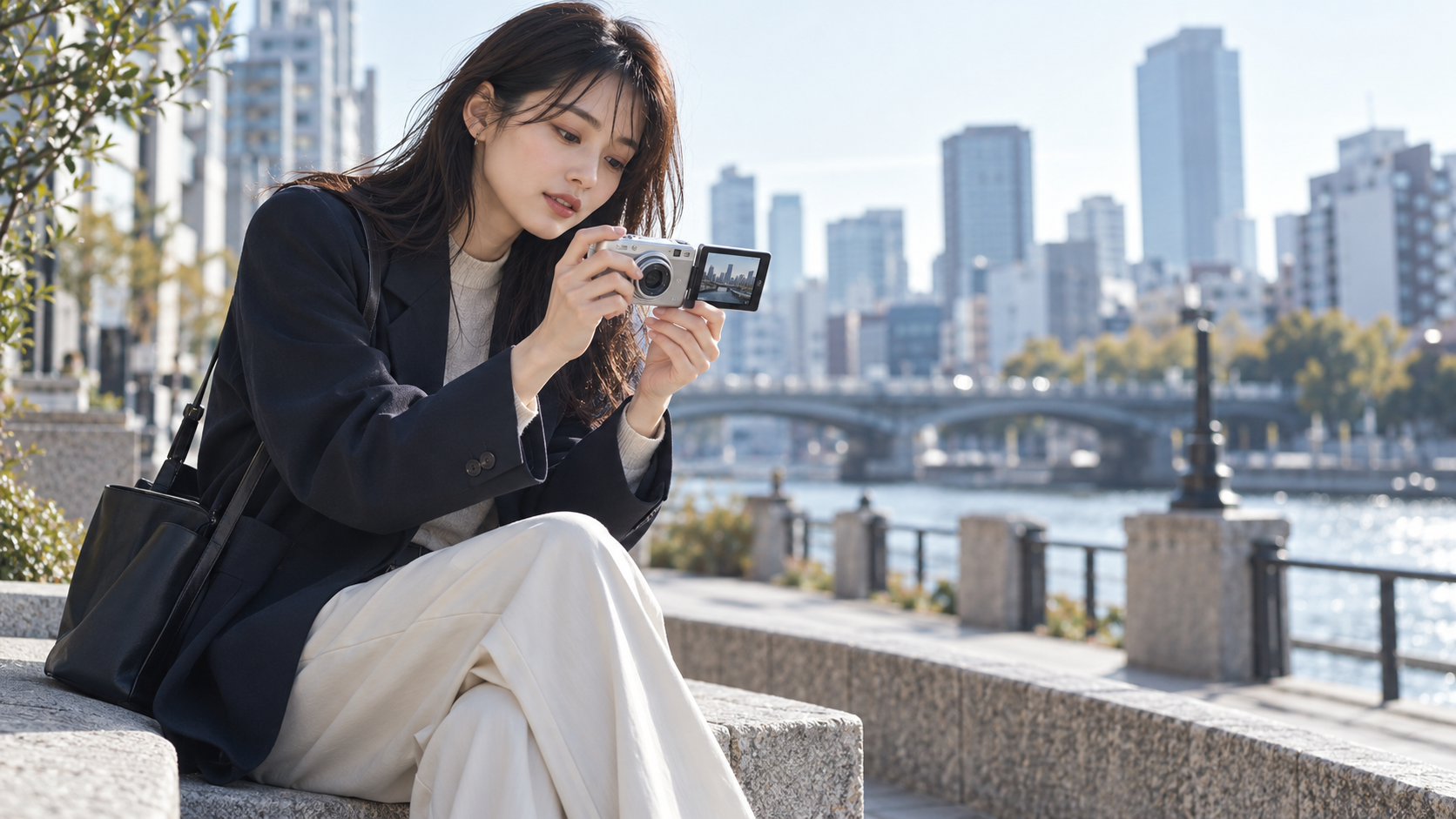 川沿いでコンパクトデジタルカメラの液晶画面を確認する日本人女性