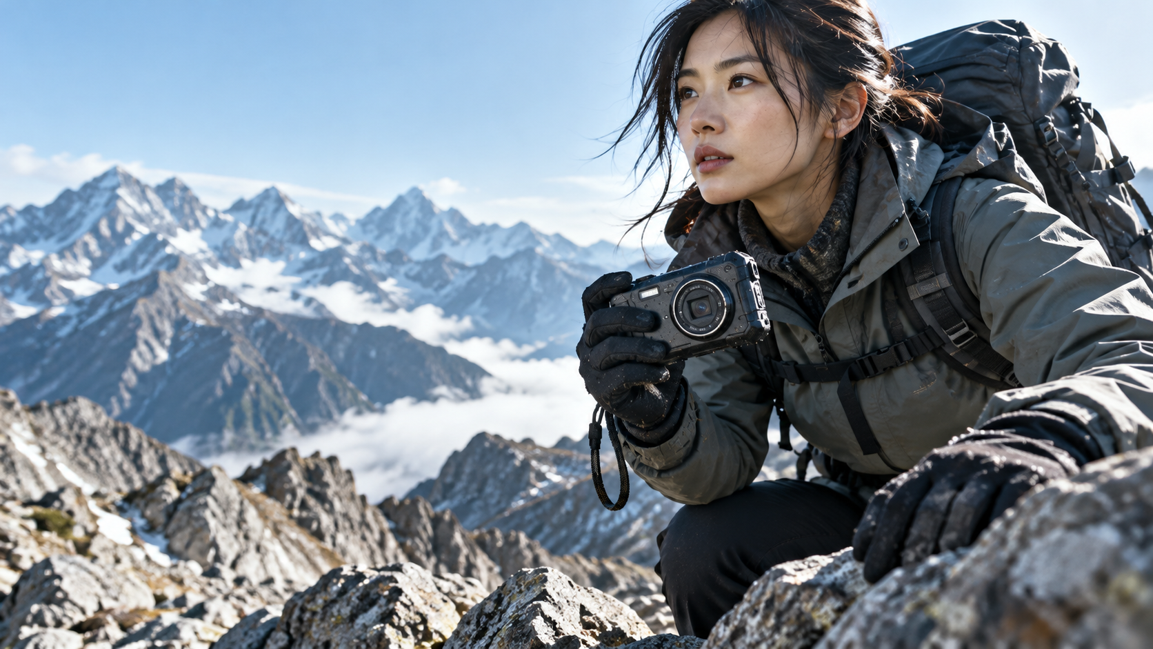 雪山の岩場で防水・防塵・耐衝撃性能を備えたタフカメラを持つ登山中の女性