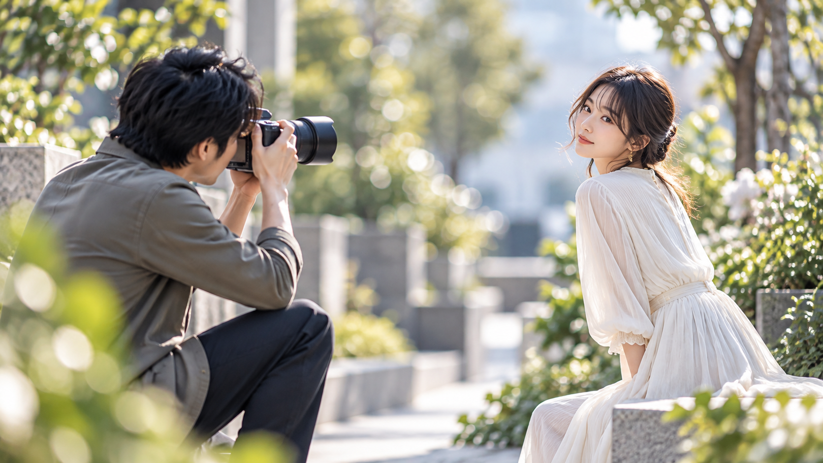 背景を大きくぼかして女性を撮影する日本人フォトグラファー