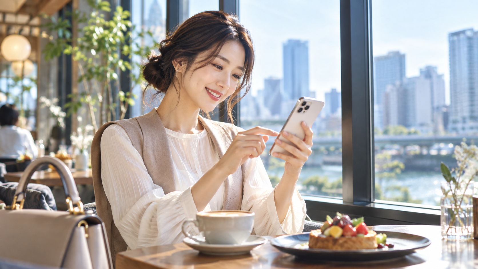 カフェでスマホ写真を確認する日本人女性