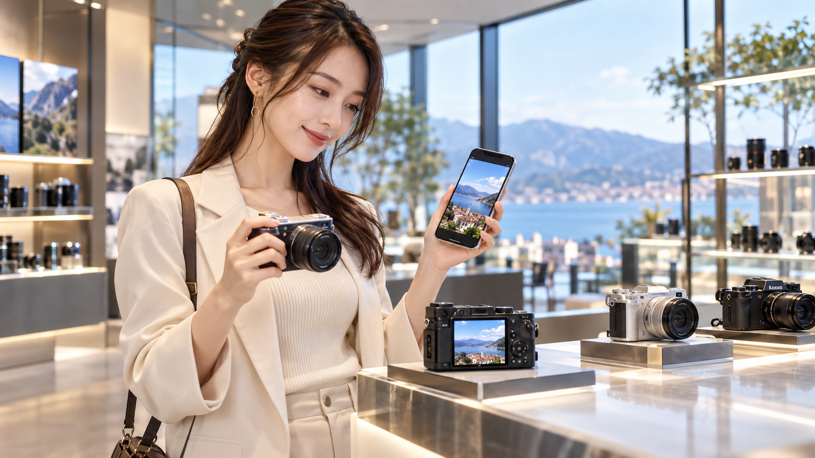 スマホ転送対応のデジタルカメラを店頭で比較する女性