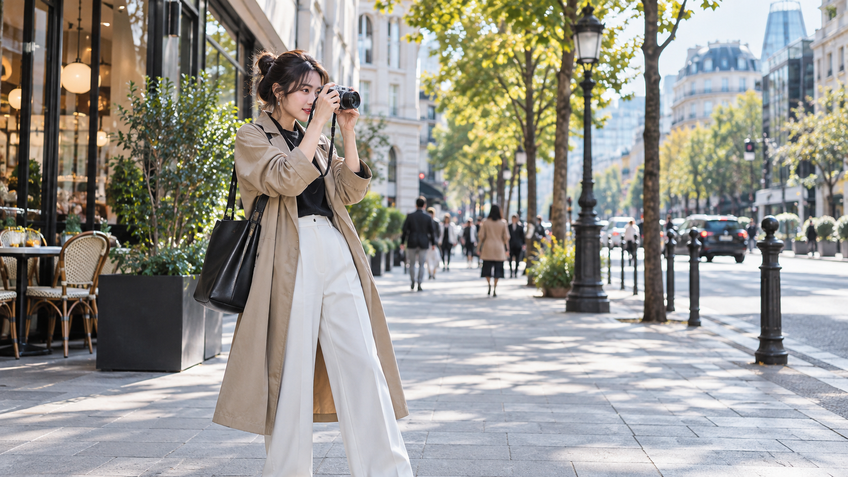 ベージュのコートを着た女性が街並みをカメラで撮影する様子。広角・標準レンズを使った旅行や街歩きの撮影イメージ