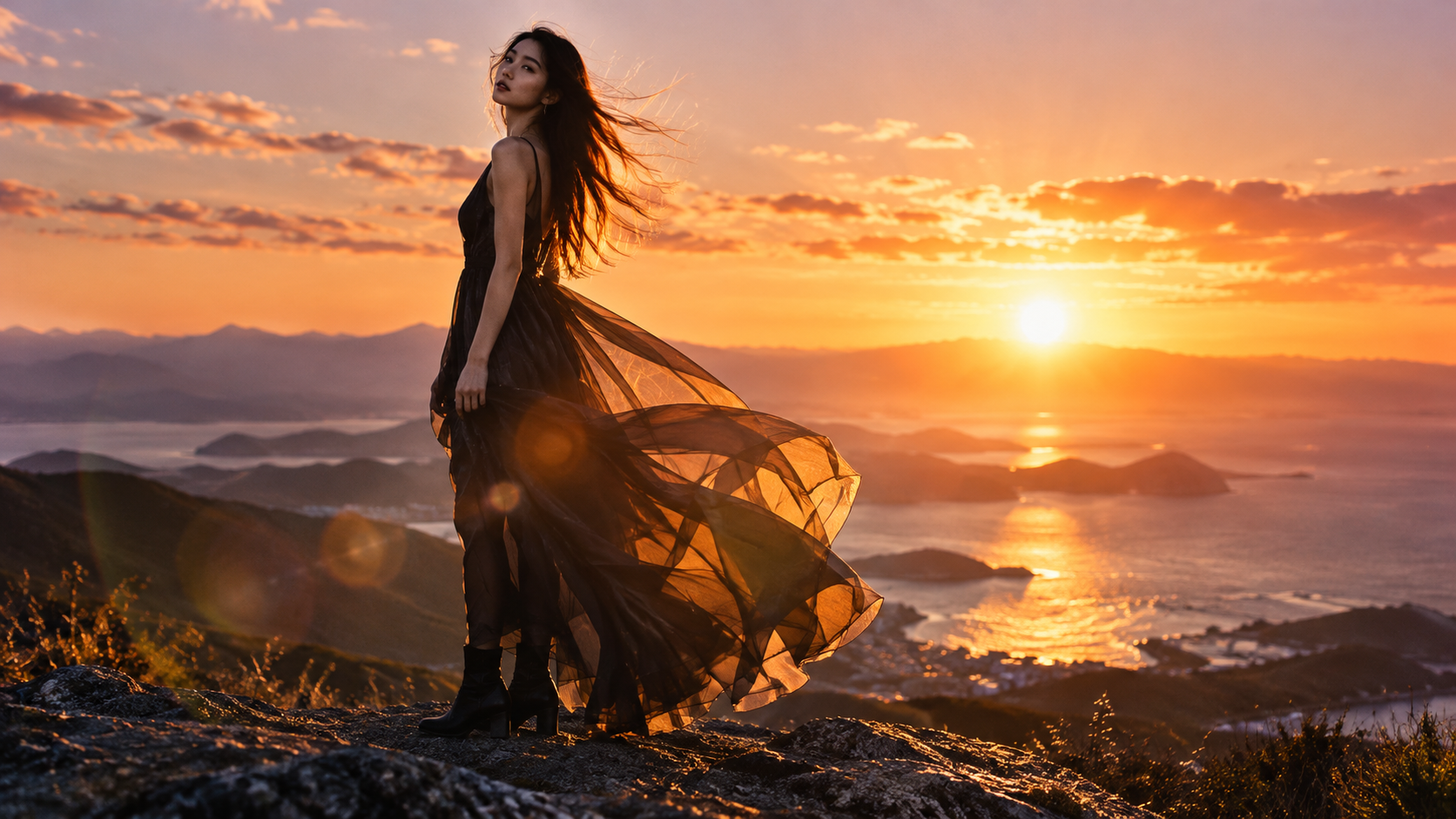 夕日の逆光で女性の髪とドレスの輪郭が輝くシルエット風のファッションポートレート