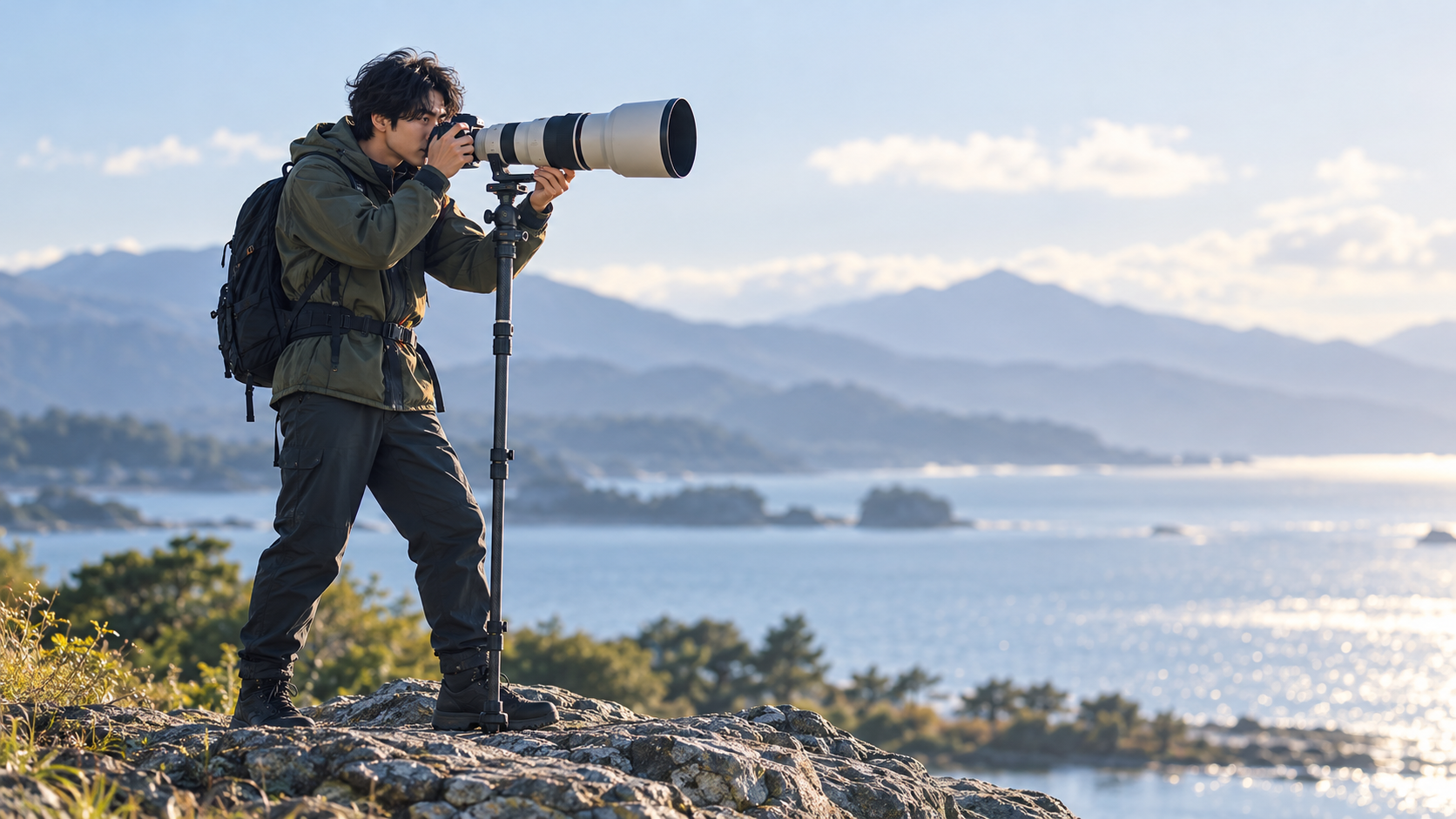 湖と山々を背景に、超望遠レンズを一脚で支えながら撮影する日本人男性。遠くの被写体を狙う望遠撮影の様子。