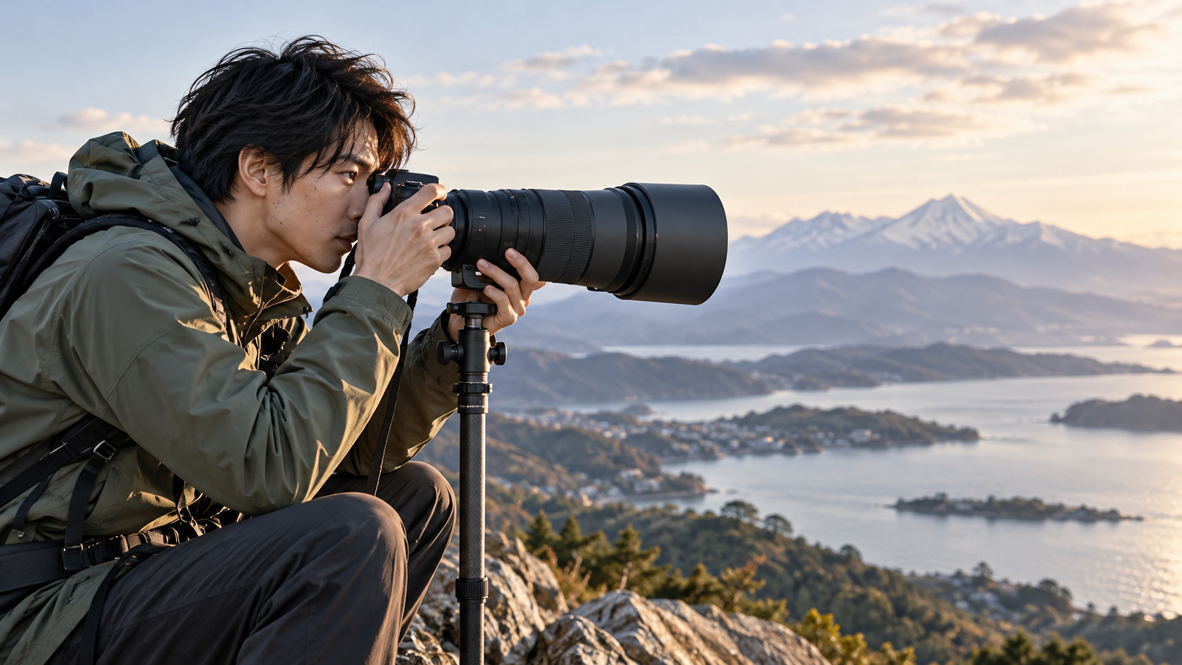 三脚に固定した望遠レンズ付きカメラで山並みと湖の遠景を撮影するアジア人男性