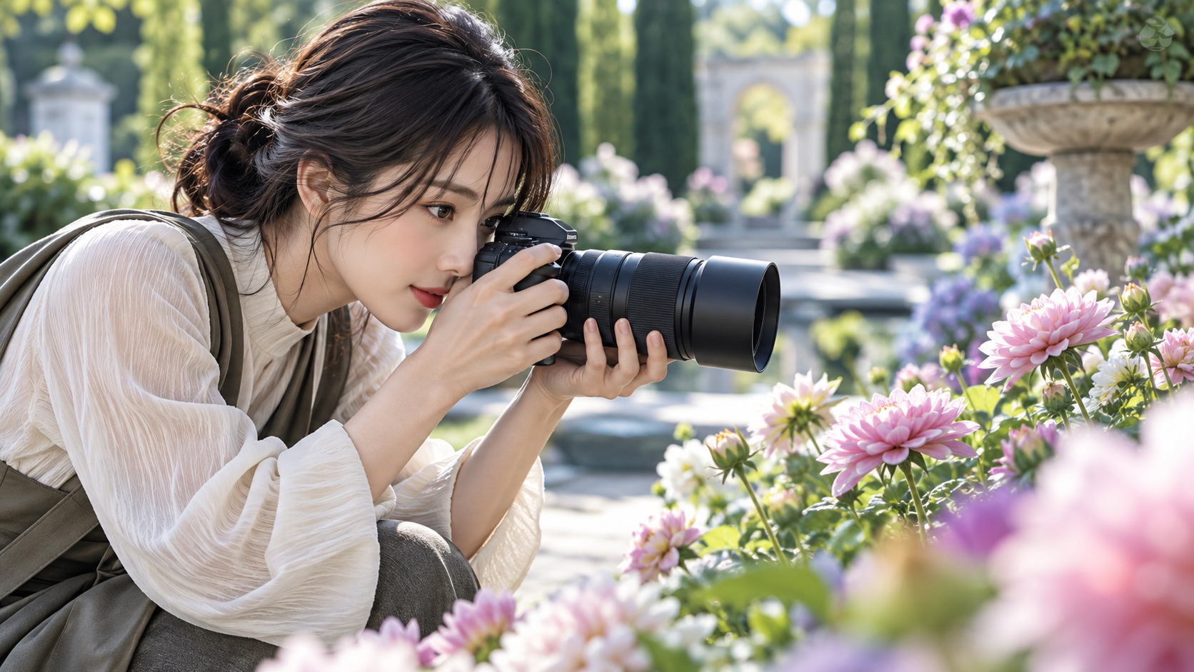 花が咲く庭園で望遠レンズを装着したカメラを構える女性。中望遠・マクロレンズを使った花の撮影イメージ