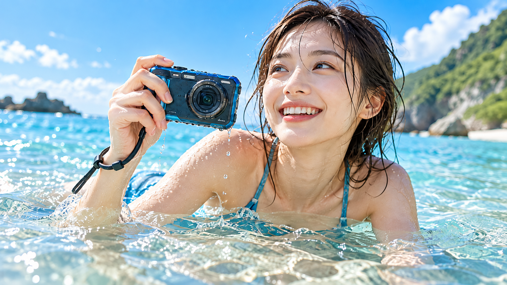 青く透き通った海で防水デジタルカメラを手に持ち、笑顔で水中撮影を楽しむ女性
