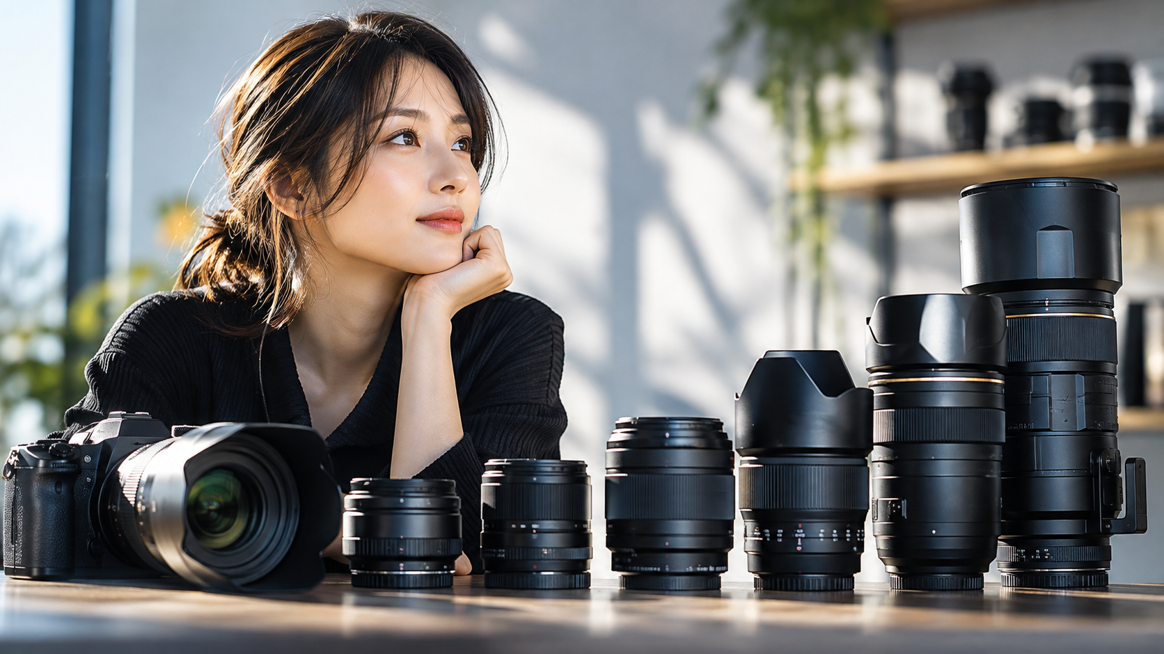 カメラと大小さまざまな交換レンズを前に選び方を考える女性。高いレンズと安いレンズの価格差を解説