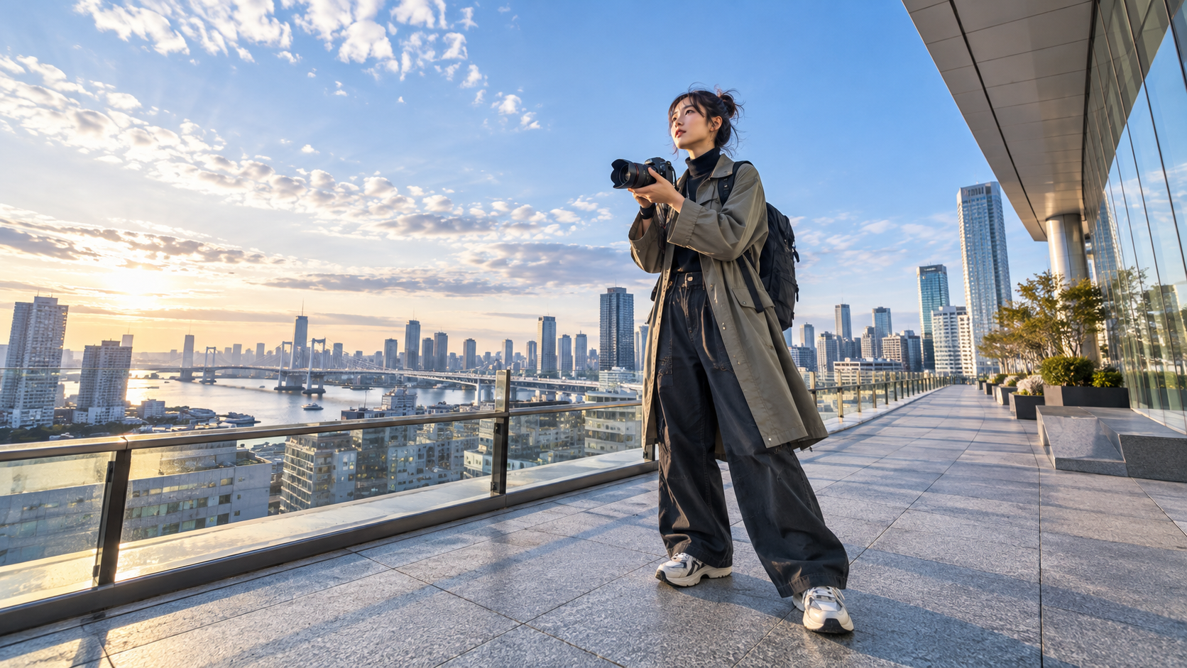 広い都市風景を背景にカメラを構える日本人女性。広角レンズの画角を生かした街並み撮影のイメージ。