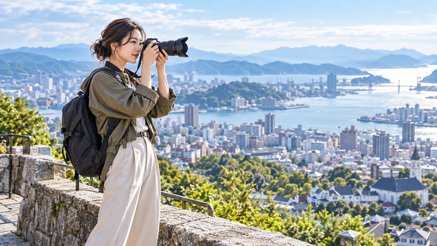 港町を見渡す展望台でズームレンズ付きカメラを構え、風景を撮影する日本人女性